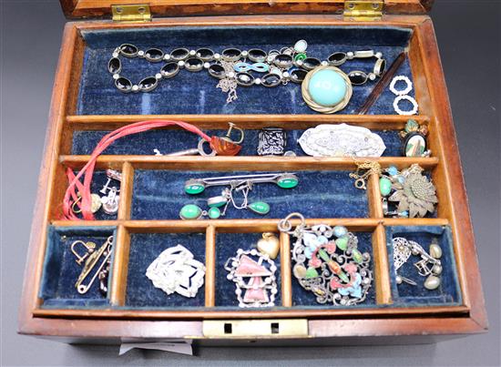 Victorian mahogany brass bound jewellery box and a quantity of necklaces